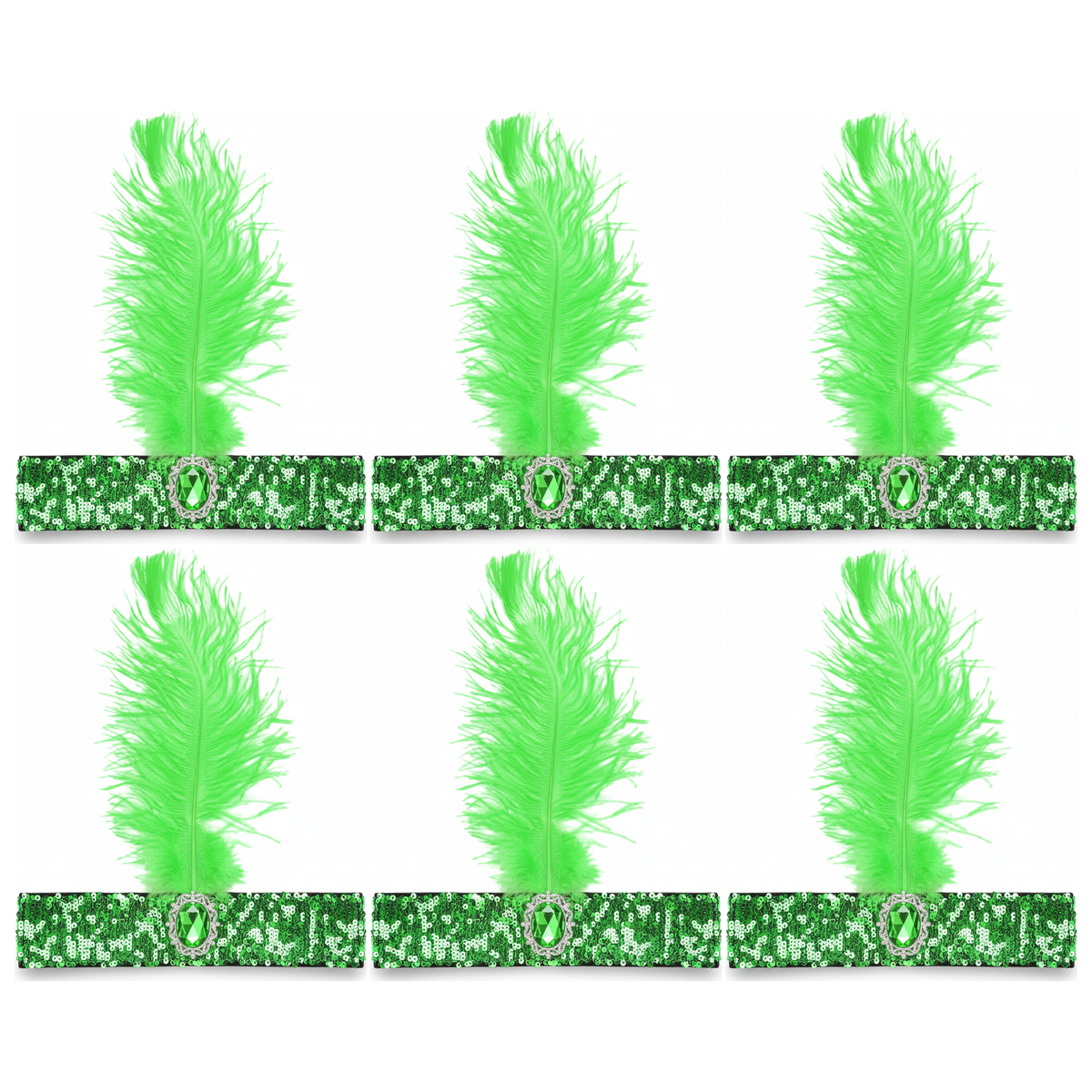 6x 1920s Green Wide Flapper Headband w/ Feather & Sequins Bulk Pack - Gatsby/Charleston Costume