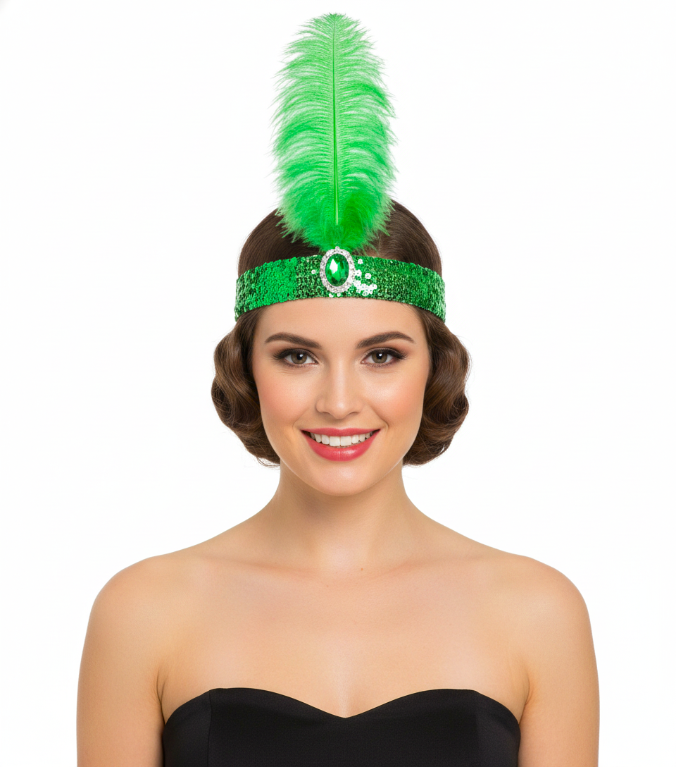 1920s Green Wide Flapper Headband w/ Feather & Sequins - Gatsby/Charleston Costume