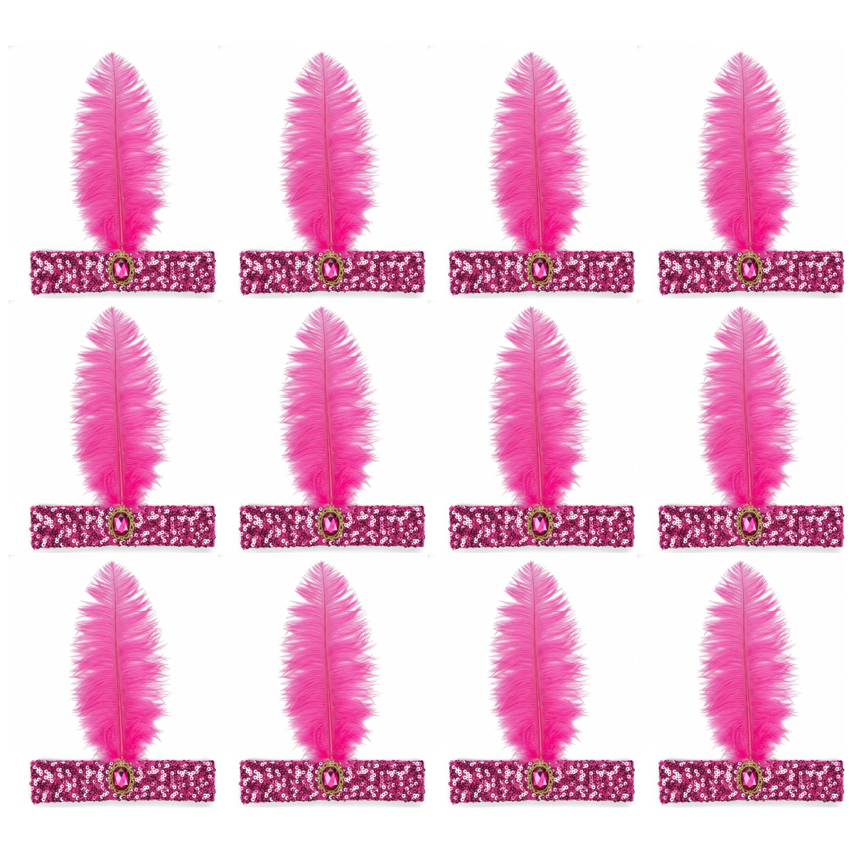 12x 1920s Hot Pink Wide Flapper Headband w/ Feather & Sequins Bulk Pack - Gatsby/Charleston Costume