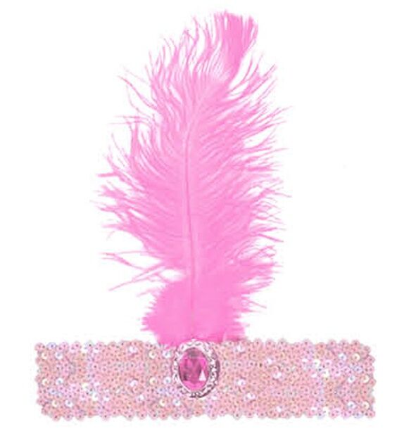 1920s Light Pink Wide Flapper Headband w/ Feather & Sequins - Gatsby/Charleston Costume