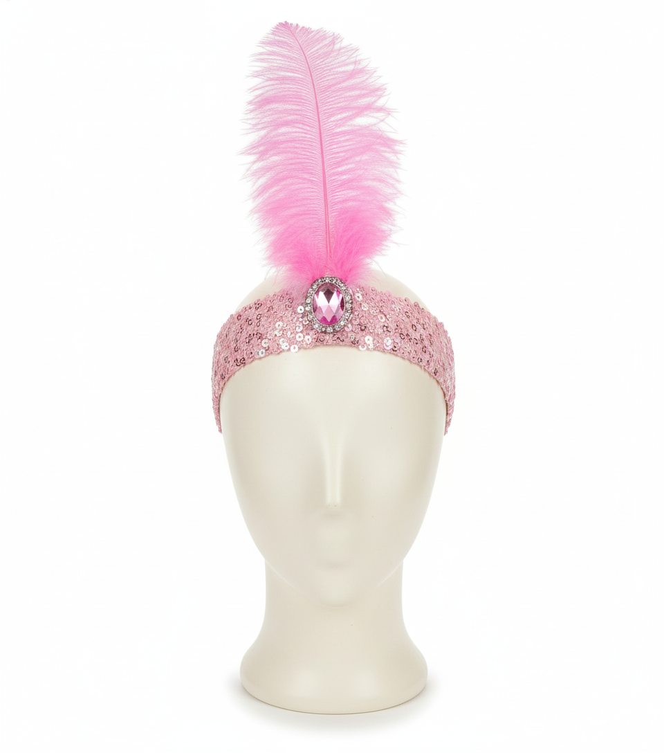 1920s Light Pink Wide Flapper Headband w/ Feather & Sequins - Gatsby/Charleston Costume