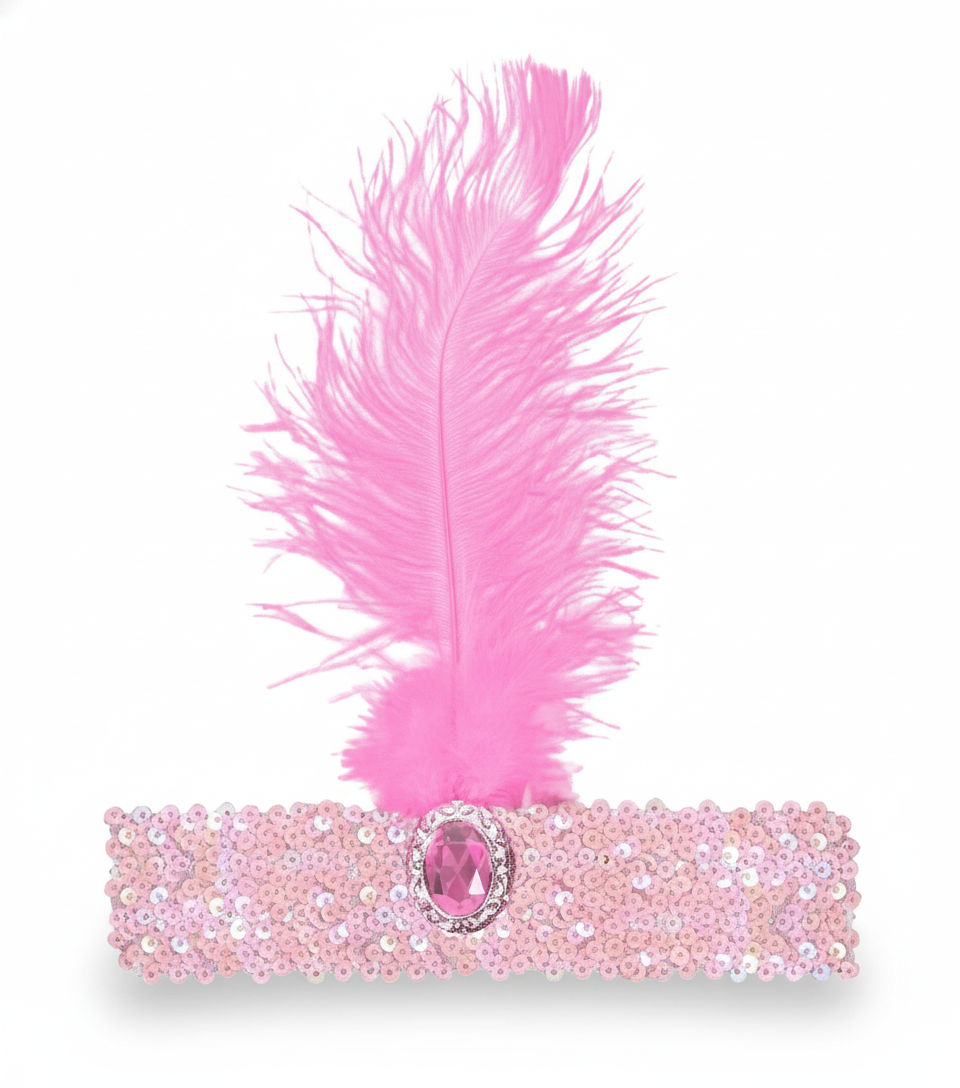 1920s Light Pink Wide Flapper Headband w/ Feather & Sequins - Gatsby/Charleston Costume