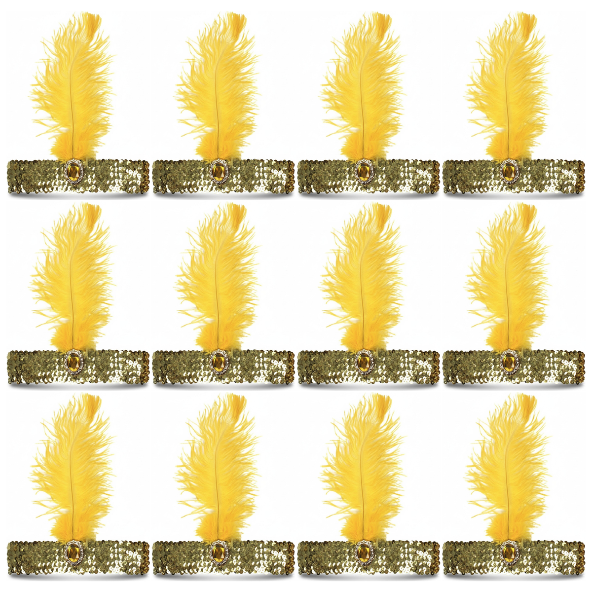 12x 1920s Orange Wide Flapper Headband w/ Feather & Sequins Bulk Pack - Gatsby/Charleston Costume