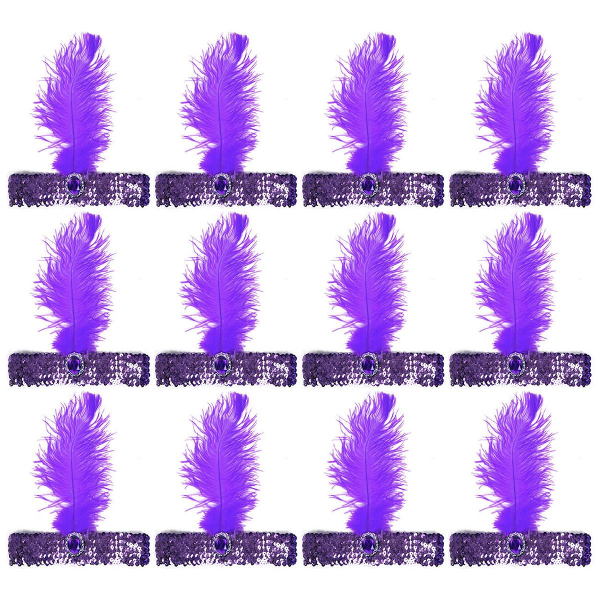 12x 1920s Purple Wide Flapper Headband w/ Feather & Sequins Bulk Pack - Gatsby/Charleston Costume