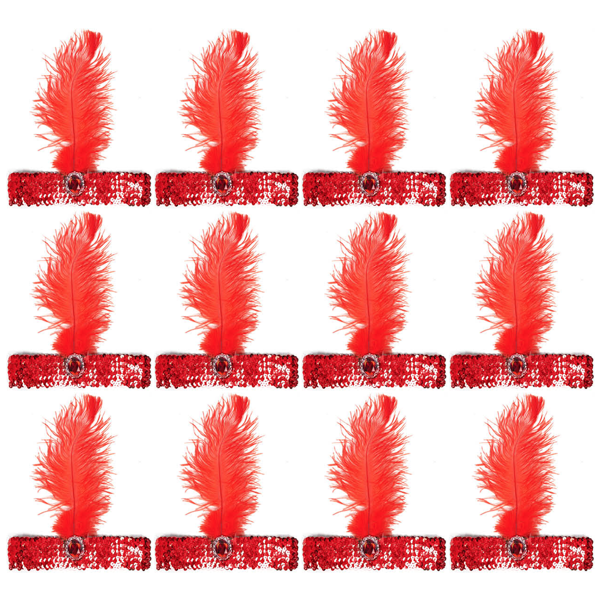 12x 1920s Red Wide Flapper Headband w/ Feather & Sequins Bulk Pack - Gatsby/Charleston Costume