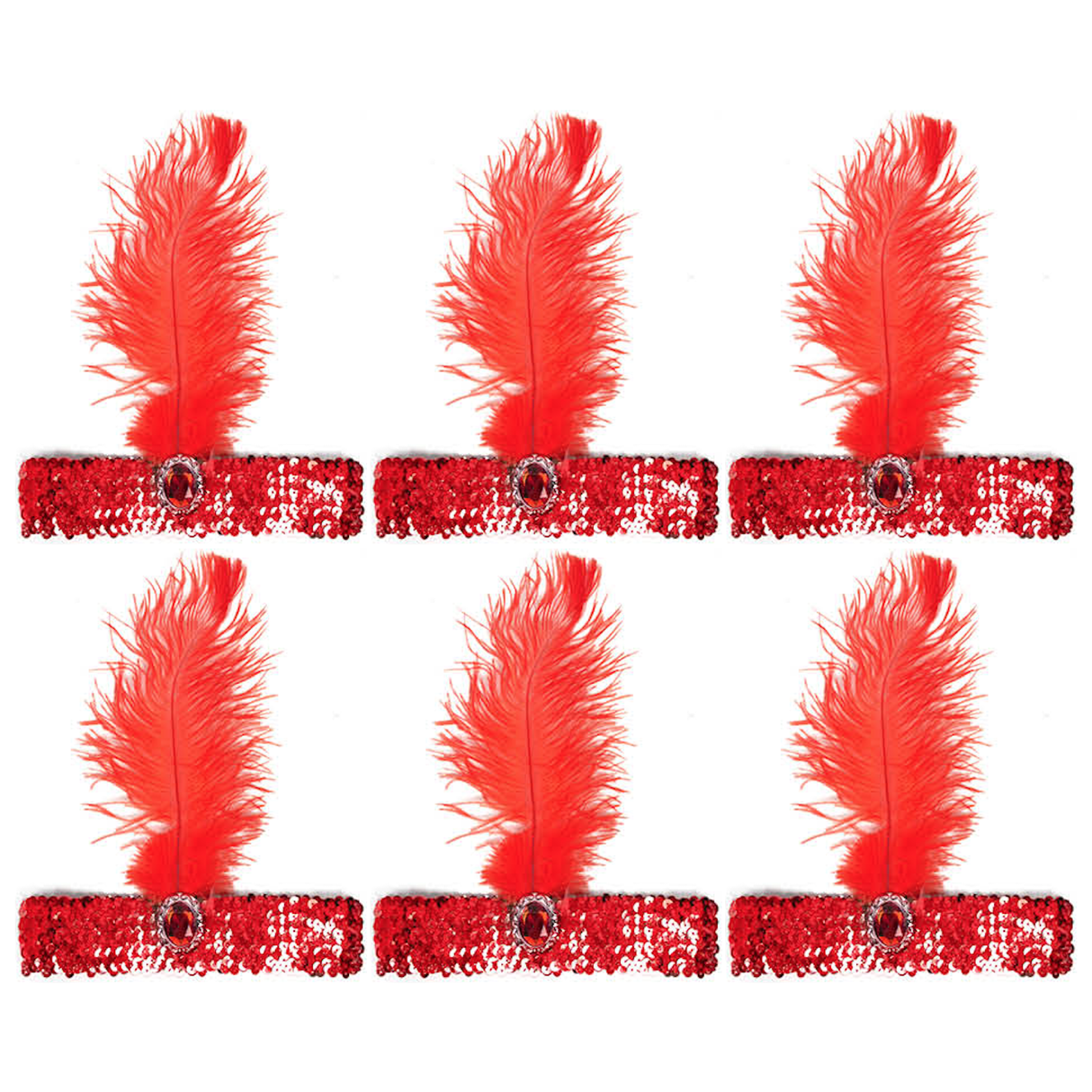 6x 1920s Red Wide Flapper Headband w/ Feather & Sequins Bulk Pack - Gatsby/Charleston Costume