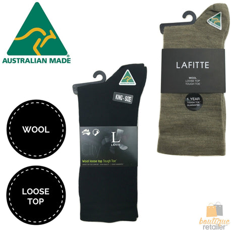 AUSTRALIAN MADE Wool Loose Top Socks Wide Top Comfort High Quality Tough Toe - Black