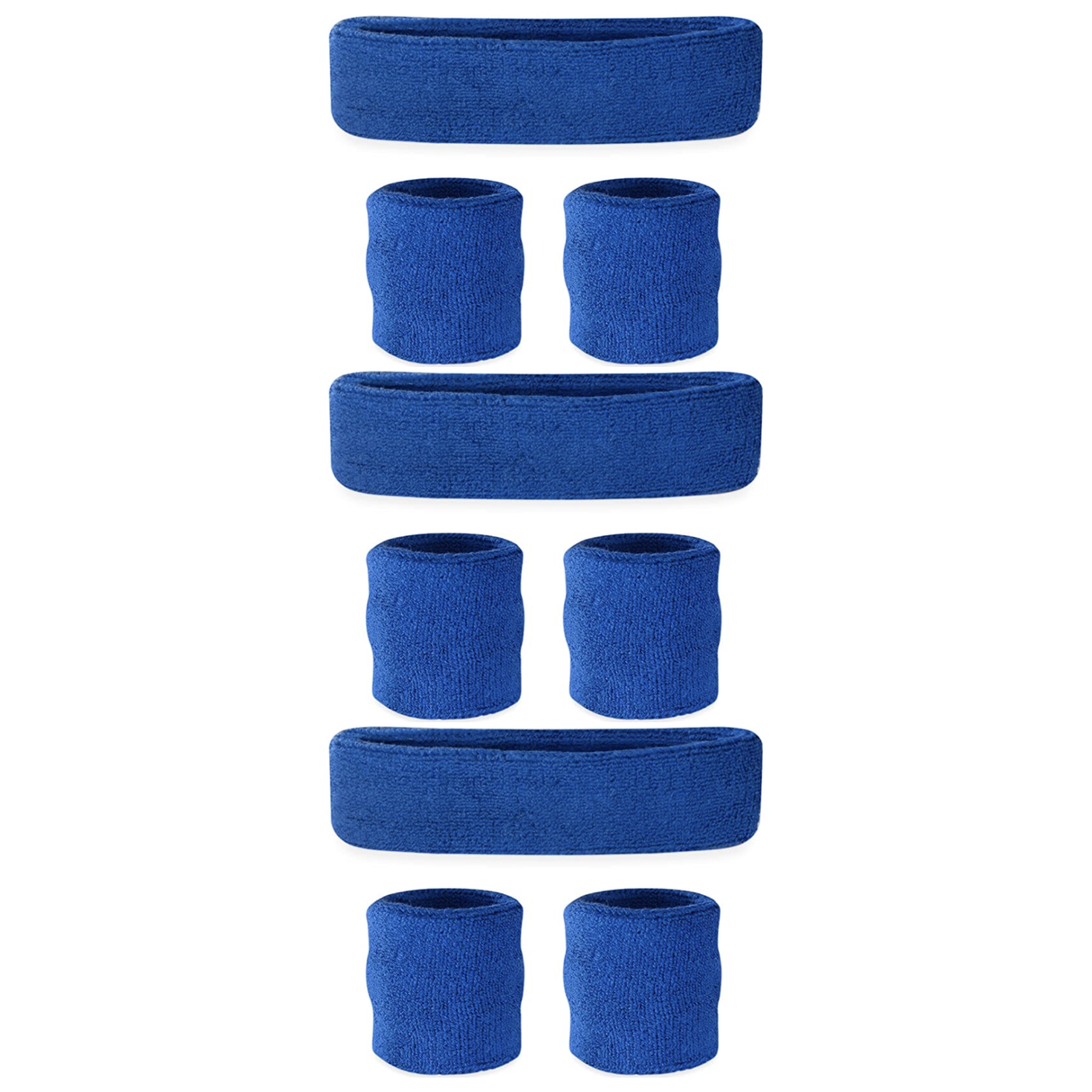 3x Blue Wristband & Headband Set Pack - Terry Towelling Cotton Tennis Sweatbands