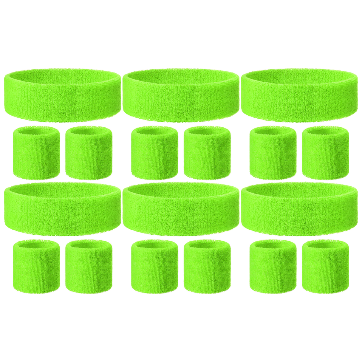 6x Fluro Green Wristband & Headband Set Bulk Pack - Terry Towelling Cotton Tennis Sweatbands