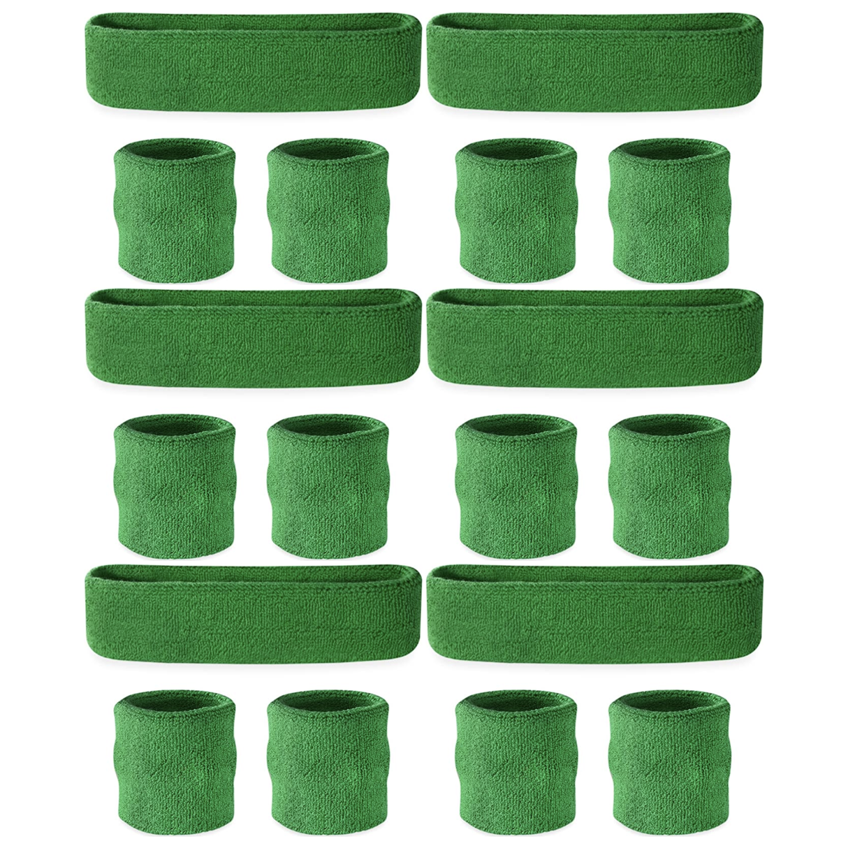 6x Green Wristband & Headband Set Bulk Pack - Terry Towelling Cotton Tennis Sweatbands