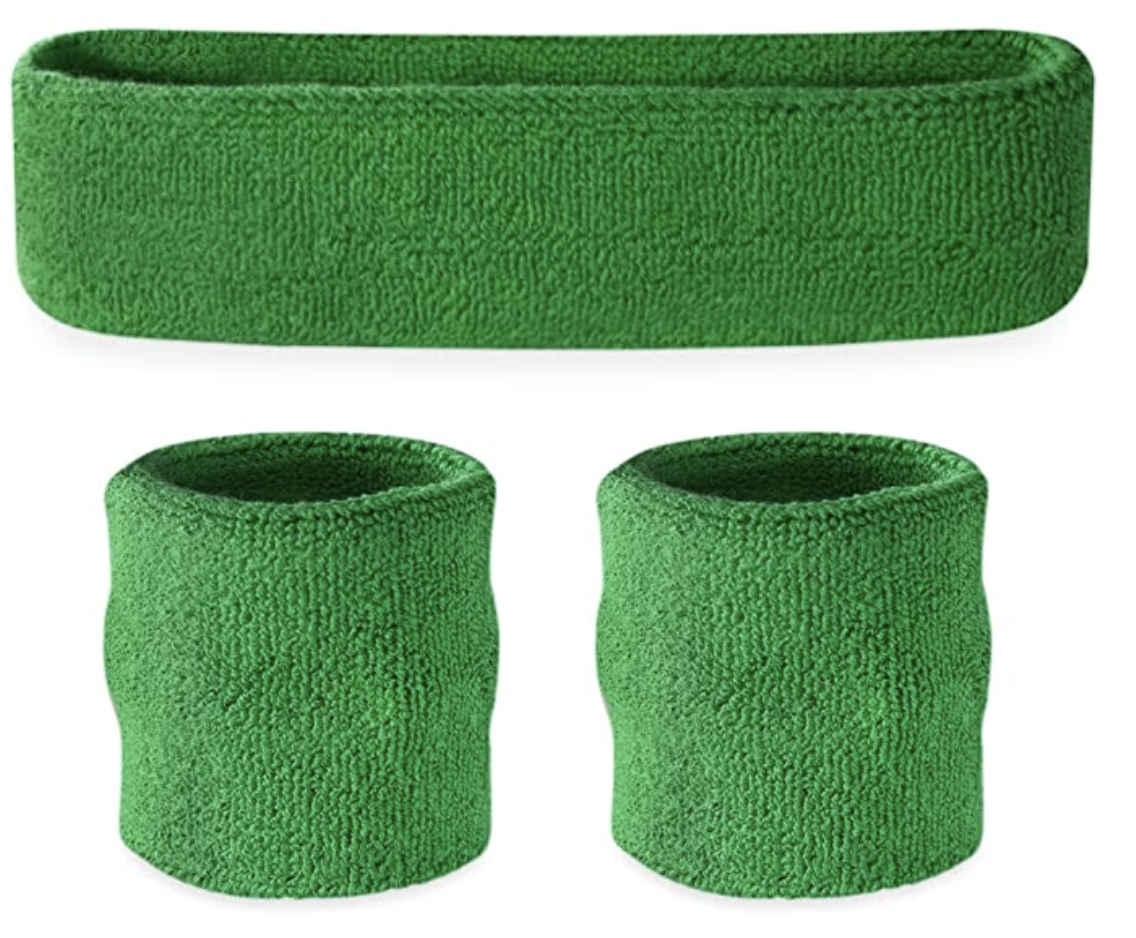 WRISTBAND & HEADBAND SET Tennis Terry Towelling Cotton Sweat Band Team Gym - Green