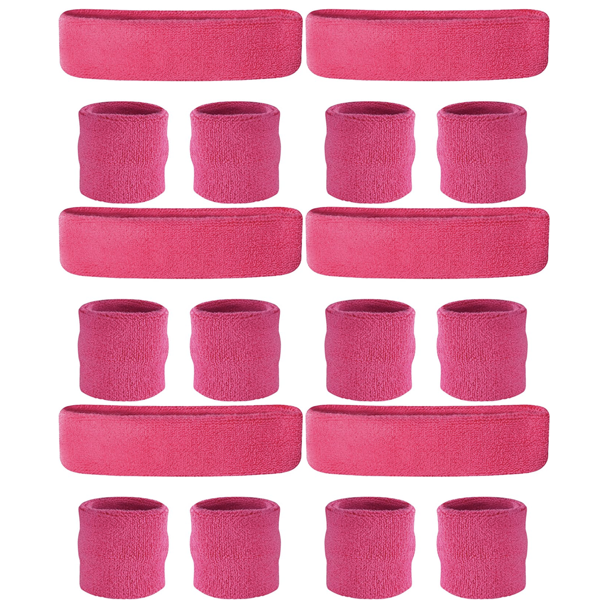 6x Hot Pink Wristband & Headband Set Bulk Pack - Terry Towelling Cotton Tennis Sweatbands