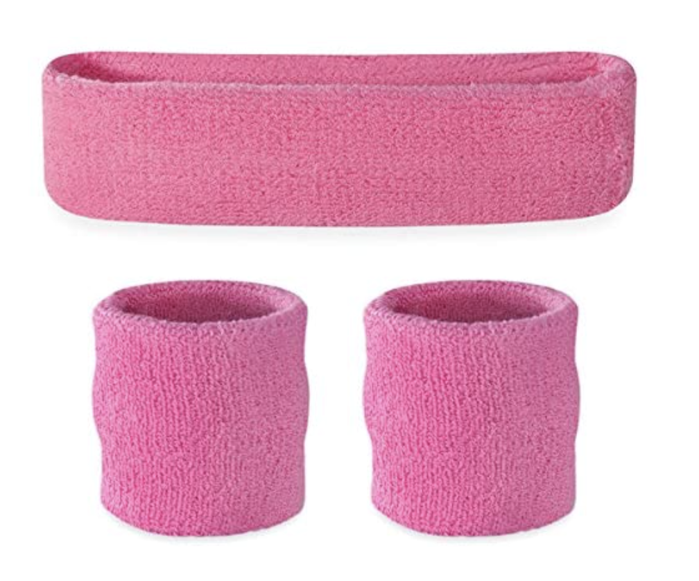 WRISTBAND & HEADBAND SET Tennis Terry Towelling Cotton Sweat Band Team Gym - Light Pink