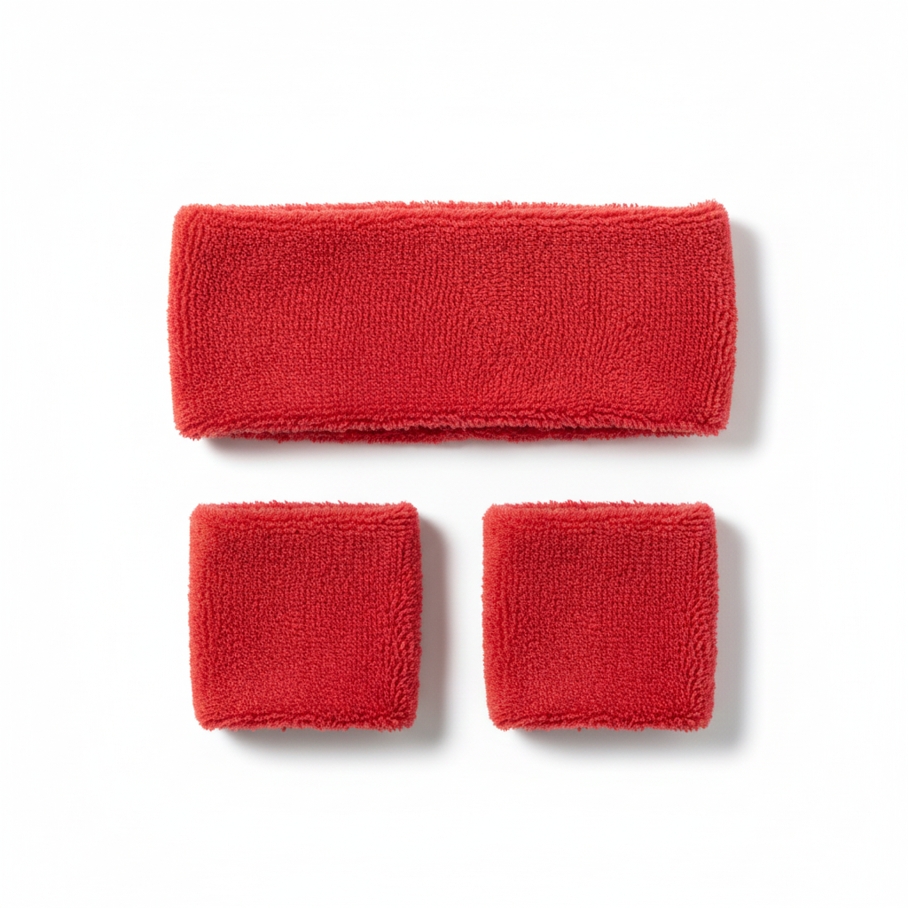 Red Wristband & Headband Set - Terry Towelling Cotton Tennis Sweatbands