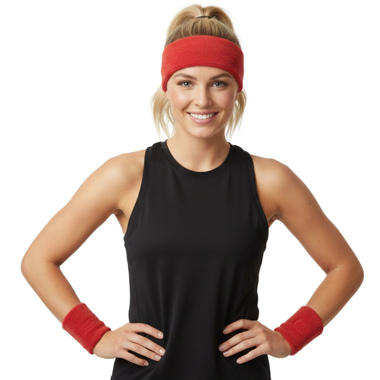 Red Wristband & Headband Set - Terry Towelling Cotton Tennis Sweatbands