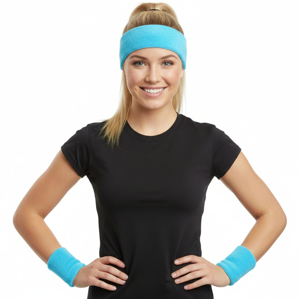 Sky Blue Wristband & Headband Set - Terry Towelling Cotton Tennis Sweatbands