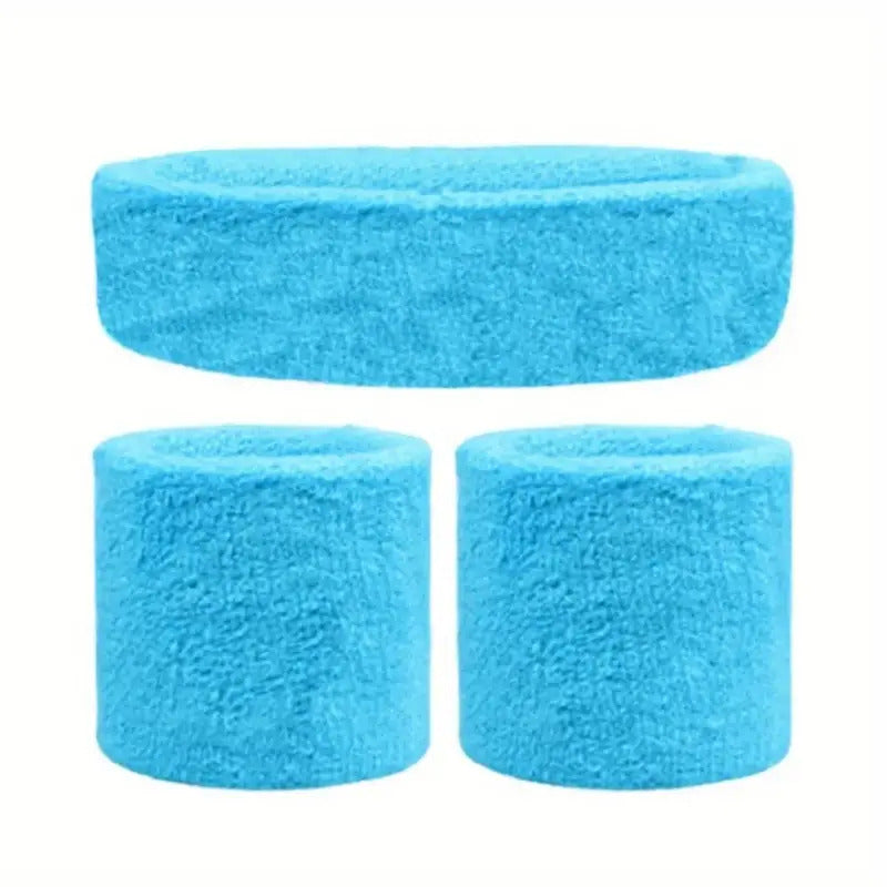 WRISTBAND & HEADBAND SET Tennis Terry Towelling Cotton Sweat Band Team Gym - Sky Blue