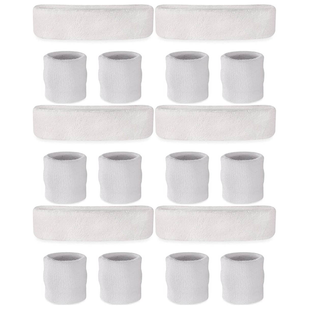 6x White Wristband & Headband Set Bulk Pack - Terry Towelling Cotton Tennis Sweatbands
