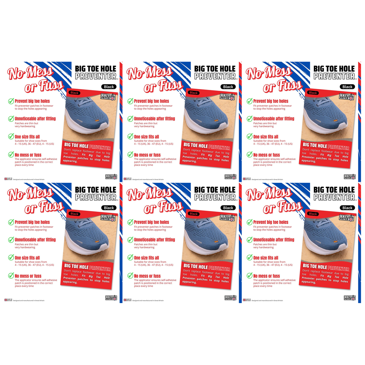 6x Brit Patch Trainer Armour Big Toe Shoe Hole Preventer Patches Bulk Pack - Black (Made in Britain)