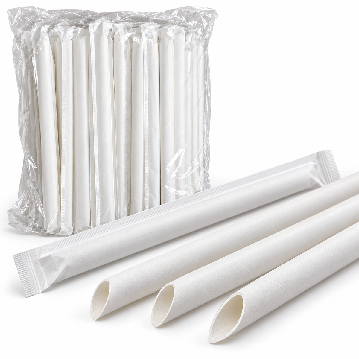 500pcs Disposable 4-Ply Paper Straws for Bubble Tea Bulk - Plain White (Angle Cut & Individually Wrapped)