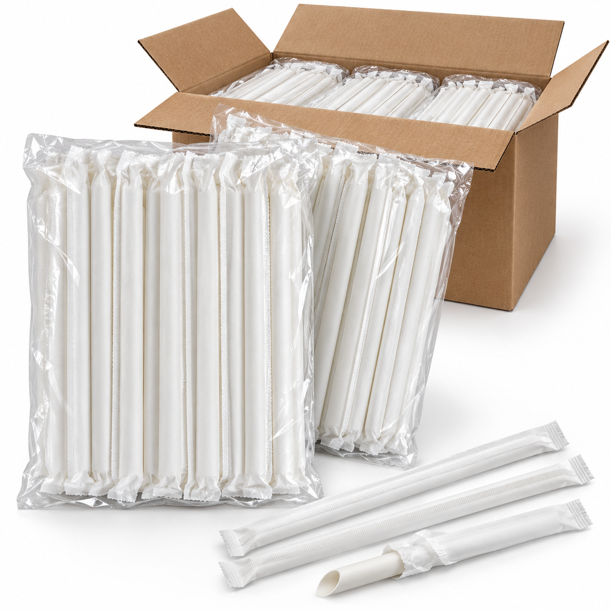 500pcs Disposable 4-Ply Paper Straws for Bubble Tea Bulk - Plain White (Angle Cut & Individually Wrapped)