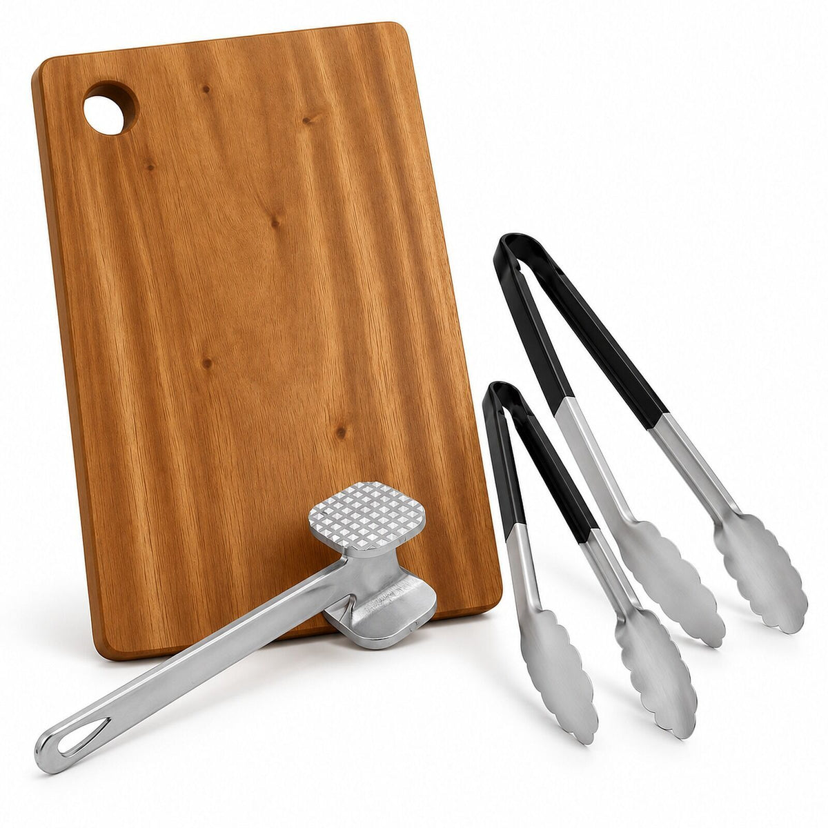 BBQ Meat Prep Kit - Large Acacia Chopping Board, Steel Meat Tenderiser & Stainless Tongs Set