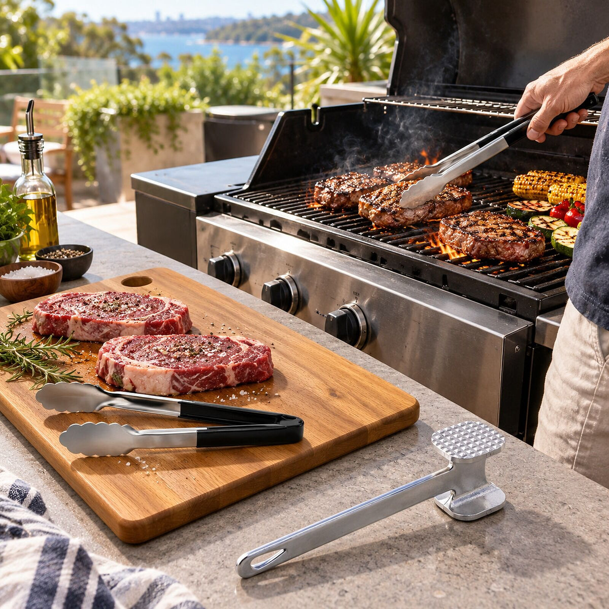 BBQ Meat Prep Kit - Large Acacia Chopping Board, Steel Meat Tenderiser & Stainless Tongs Set