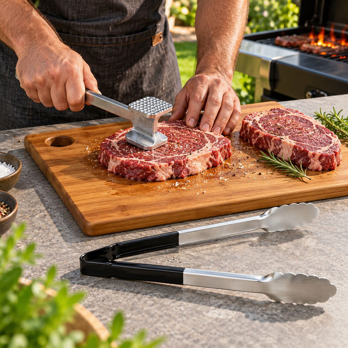 BBQ Meat Prep Kit - Large Acacia Chopping Board, Steel Meat Tenderiser & Stainless Tongs Set