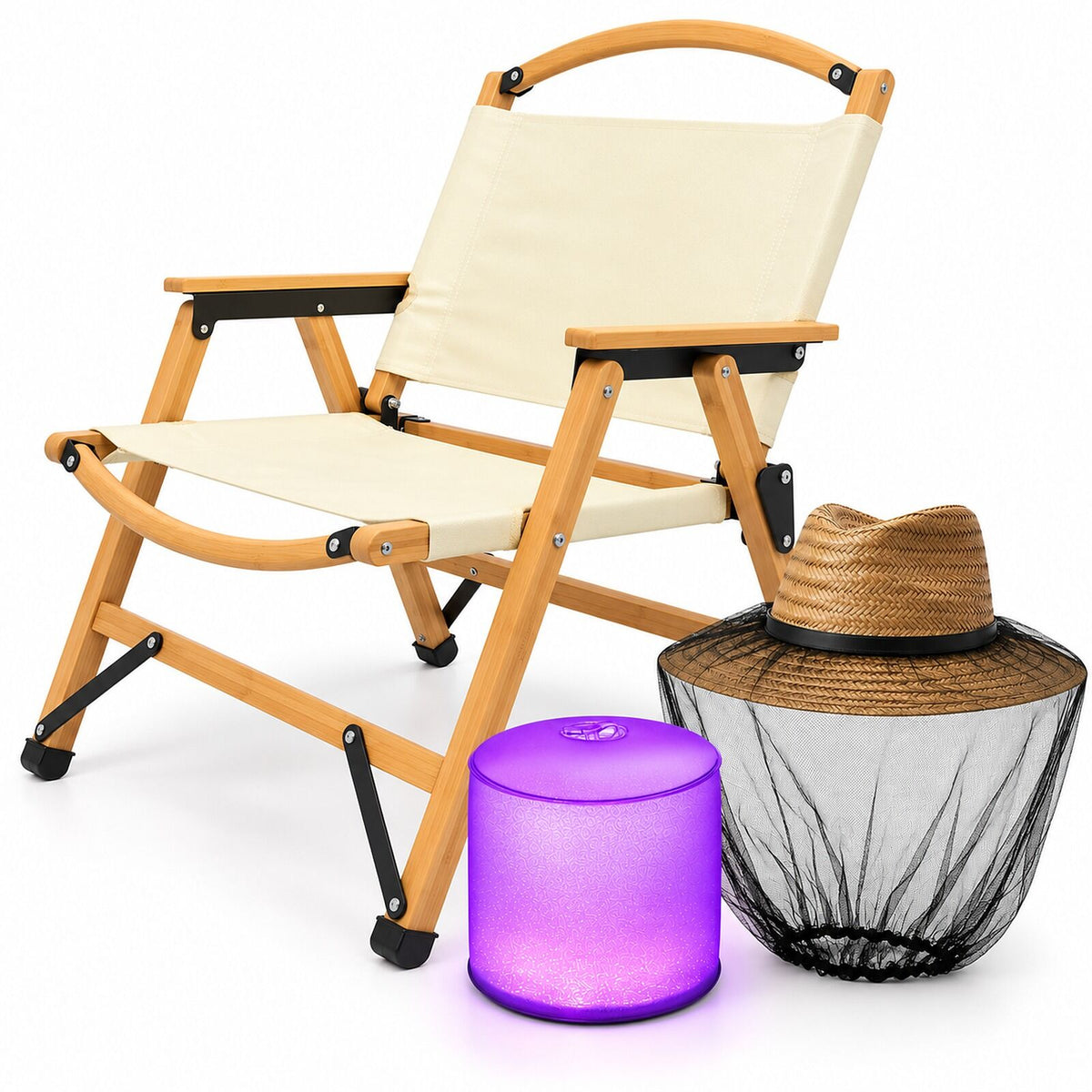 Campsite Evening Kit - Bamboo Folding Camp Chair, Luci Inflatable Solar Lantern & Mosquito Head Net