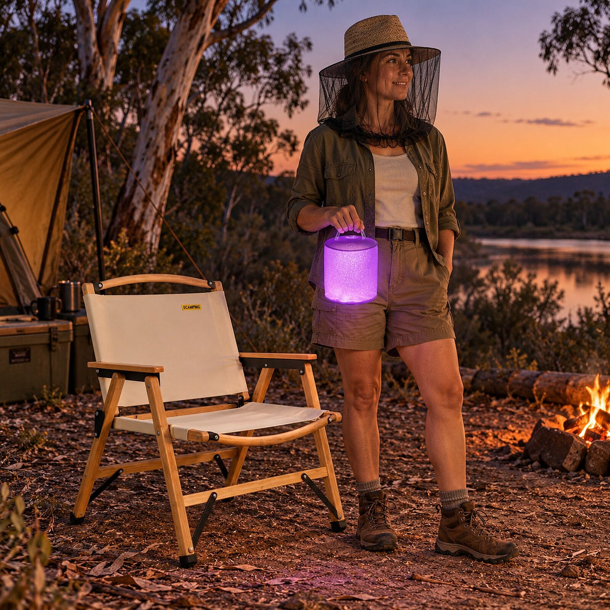 Campsite Evening Kit - Bamboo Folding Camp Chair, Luci Inflatable Solar Lantern & Mosquito Head Net