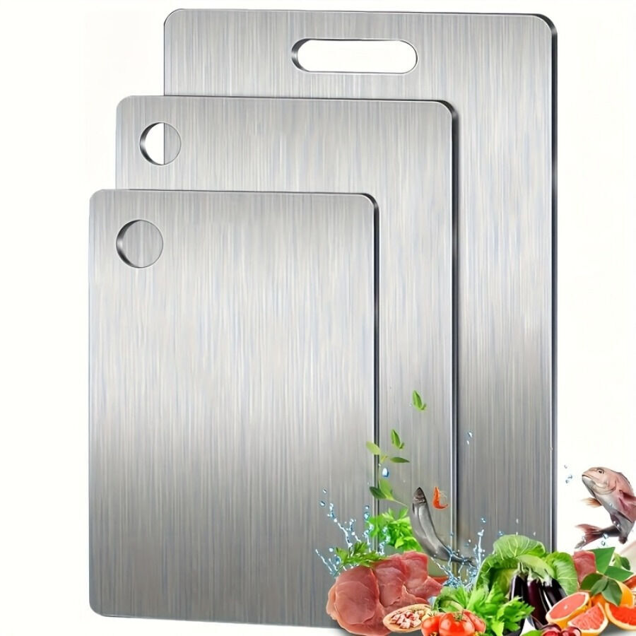 3x Titanium Stainless Steel Chopping Boards + Magnetic Knife Wall Rack Set - Home Chef Prep Set
