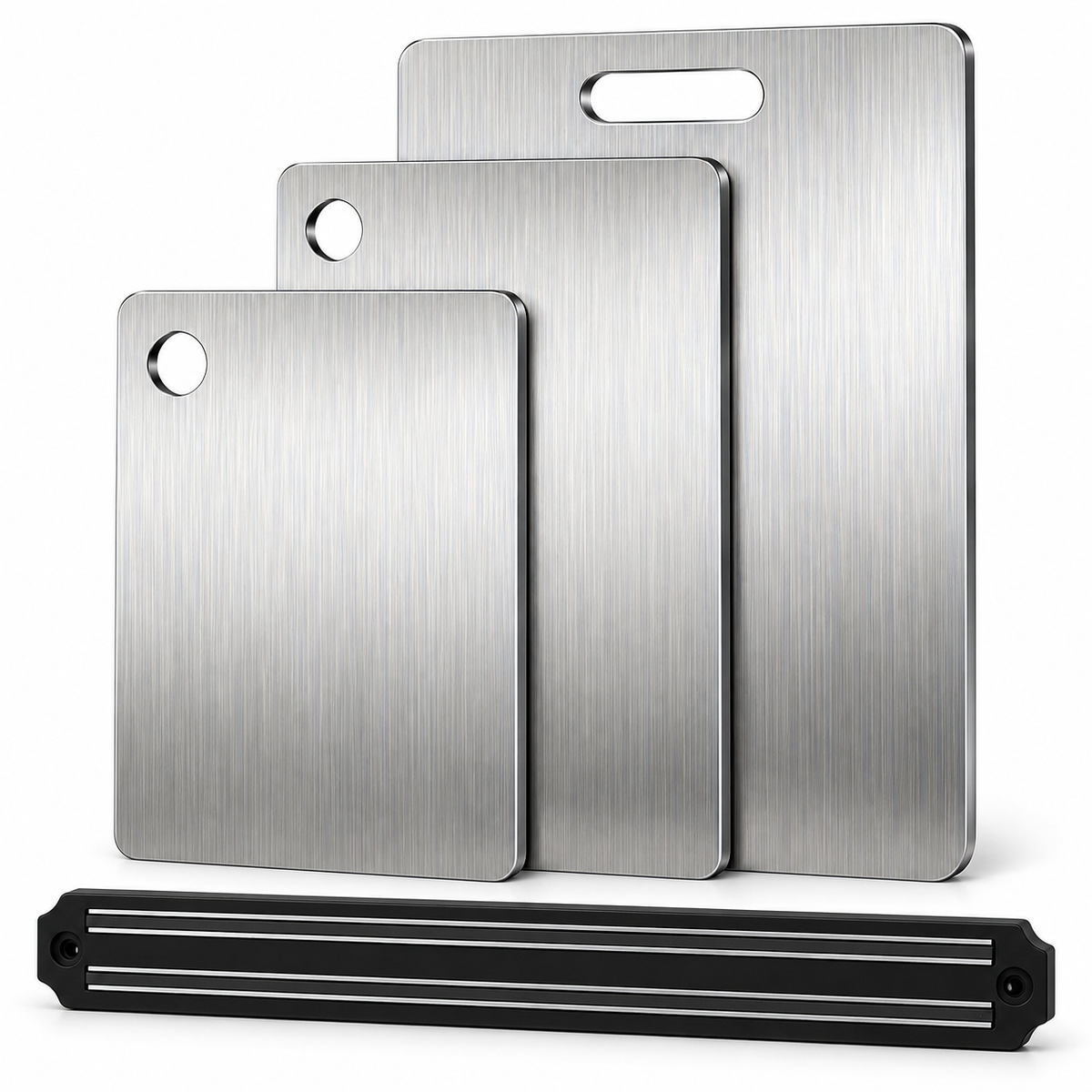 3x Titanium Stainless Steel Chopping Boards + Magnetic Knife Wall Rack Set - Home Chef Prep Set