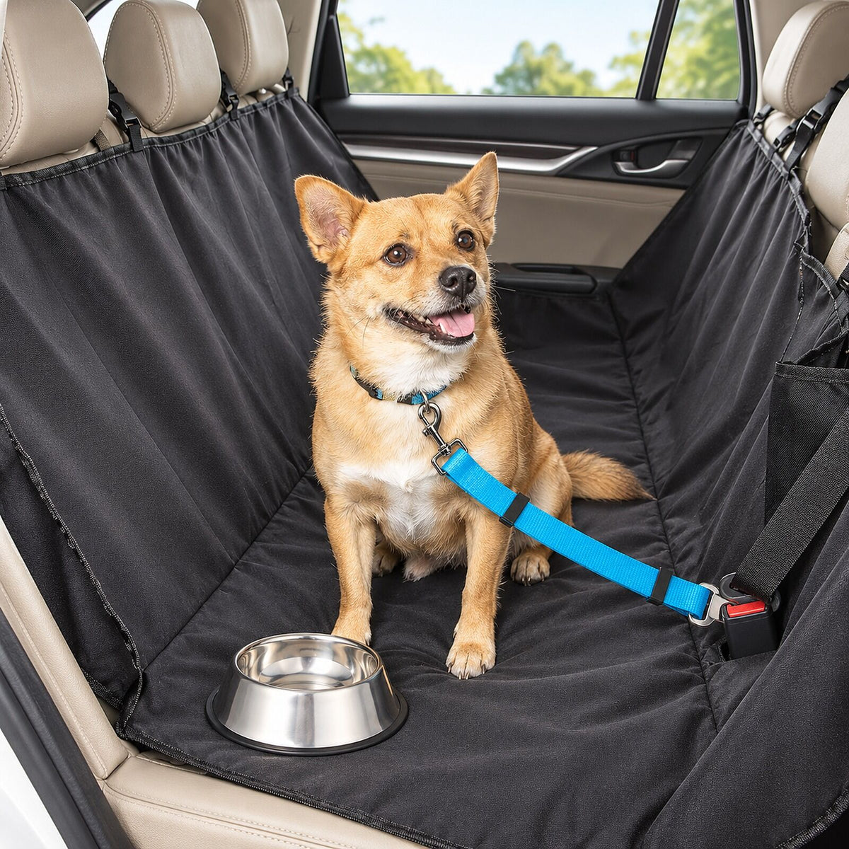 Dog Car Travel Set - Waterproof Back Seat Cover, Dog Seat Belt & Stainless Steel Travel Bowl