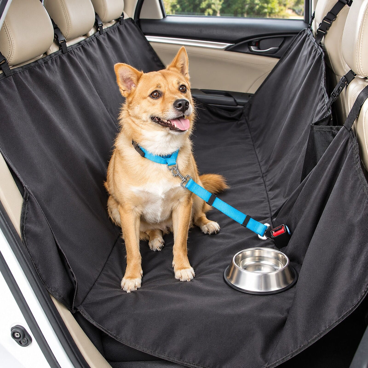Dog Car Travel Set - Waterproof Back Seat Cover, Dog Seat Belt & Stainless Steel Travel Bowl