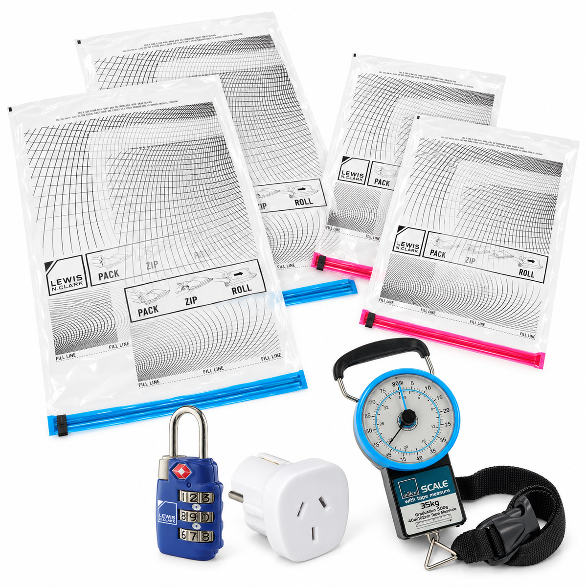 Lewis N. Clark Europe Travel Essentials Set - Compression Bags, TSA Lock, Luggage Scale & Adapter