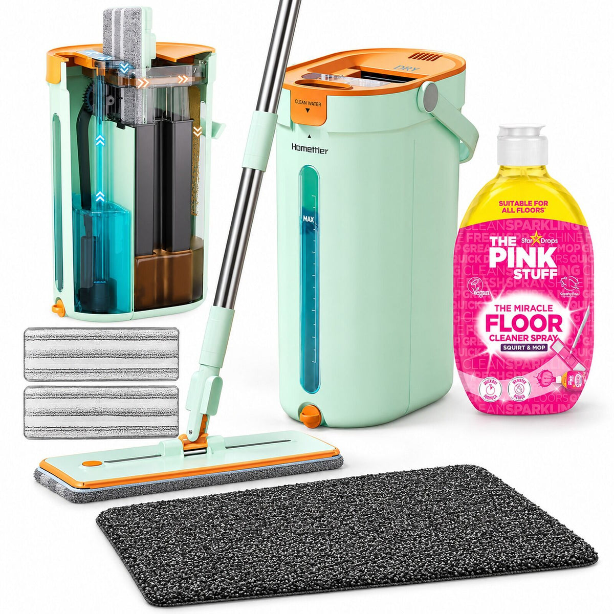 Home Floor Cleaning Set - Flat Mop & Bucket, Microfiber Mop, Pink Stuff Floor Cleaner & Doormat