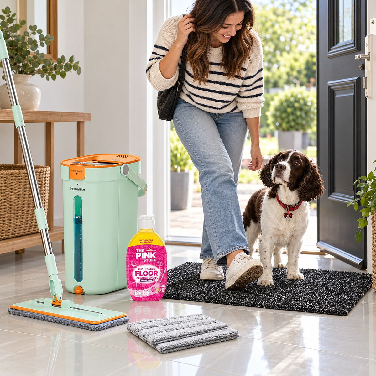 Home Floor Cleaning Set - Flat Mop & Bucket, Microfiber Mop, Pink Stuff Floor Cleaner & Doormat