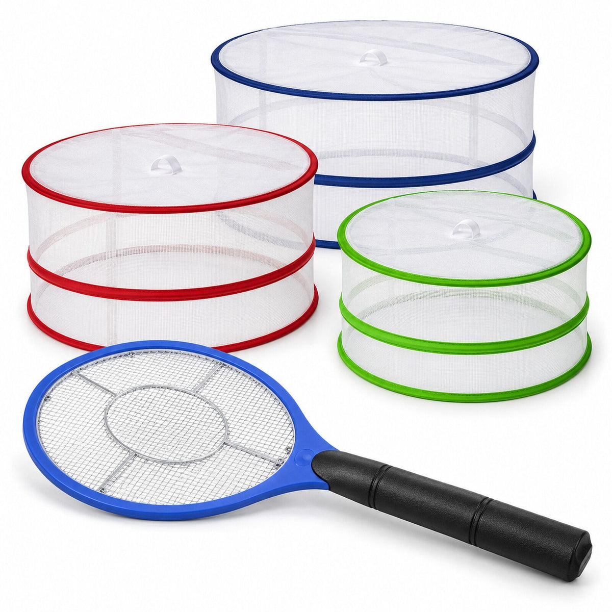 Fly-Free Outdoor Dining Kit - Bug Zapper Racket & 3 Pop Up Mesh Food Covers