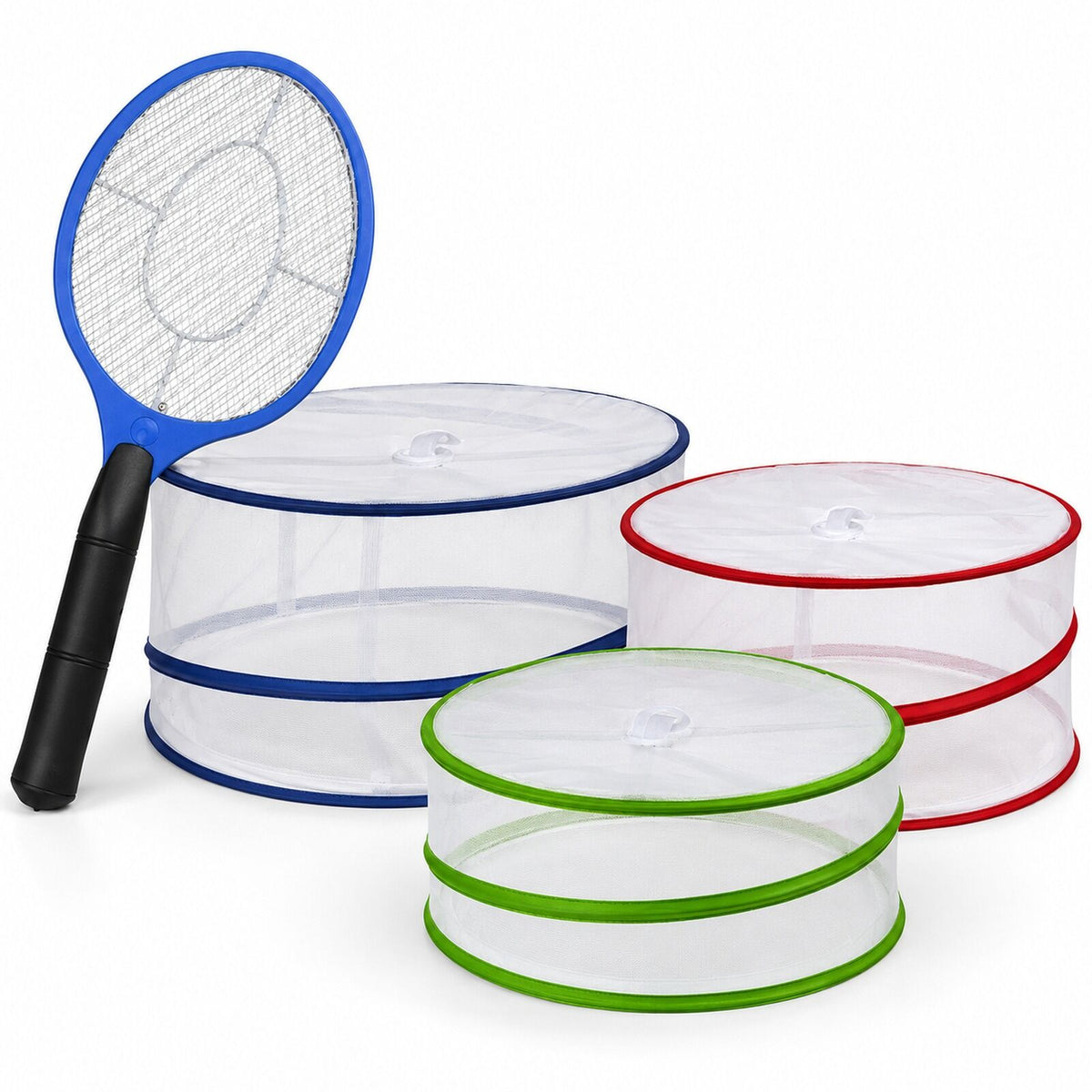 Fly-Free Outdoor Dining Kit - Bug Zapper Racket & 3 Pop Up Mesh Food Covers