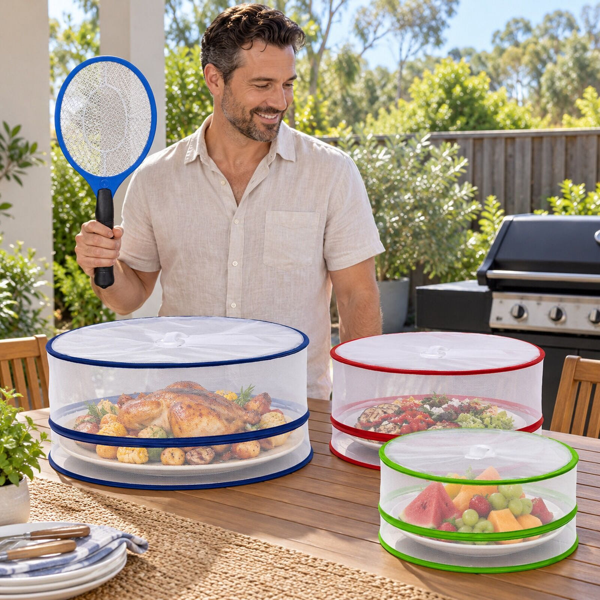 Fly-Free Outdoor Dining Kit - Bug Zapper Racket & 3 Pop Up Mesh Food Covers