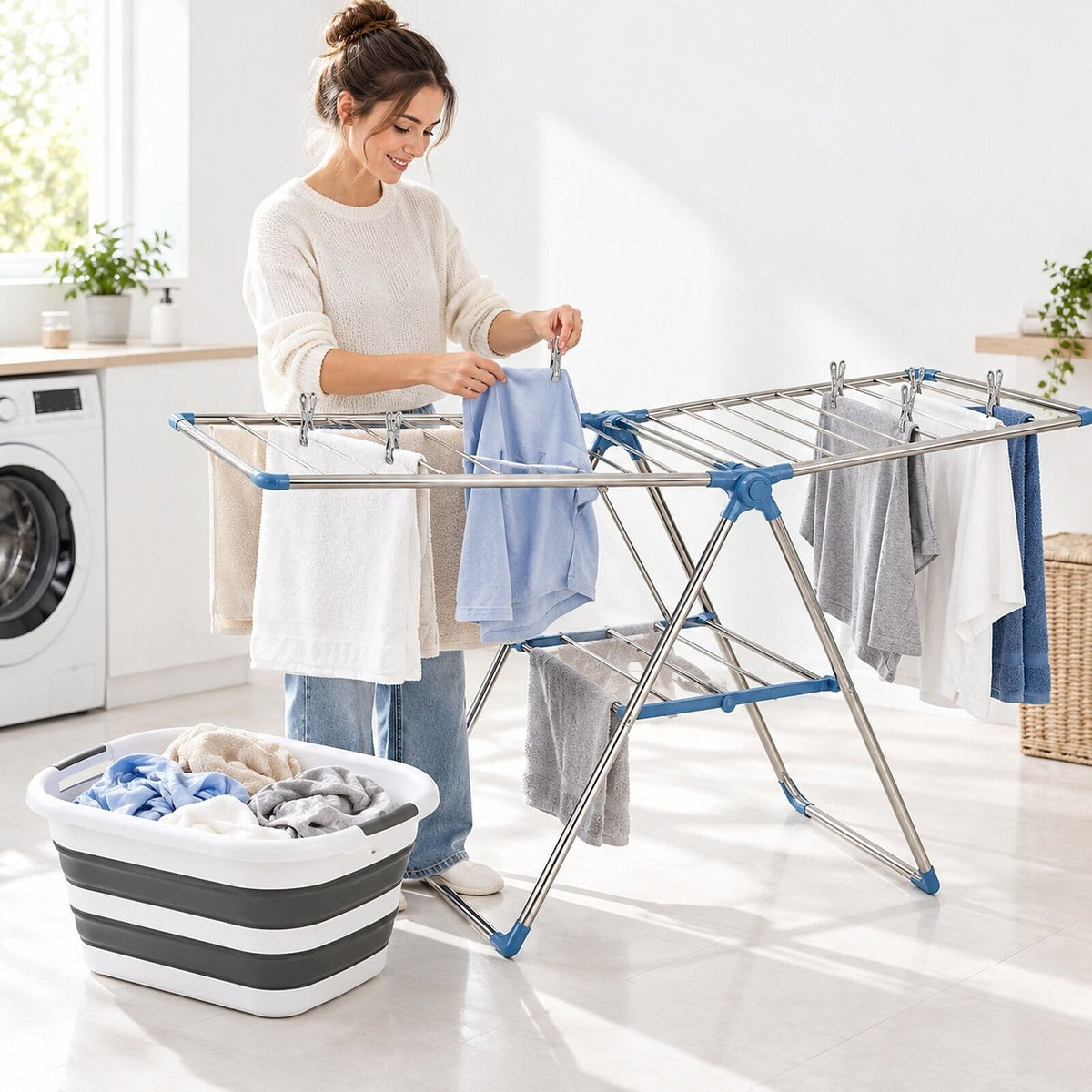 Home Laundry Day Set - 2 Tier Stainless Drying Rack, 40L Collapsible Basket & Steel Pegs