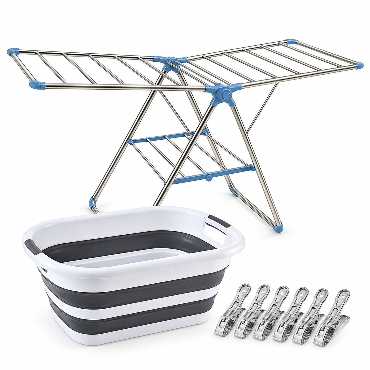 Home Laundry Day Set - 2 Tier Stainless Drying Rack, 40L Collapsible Basket & Steel Pegs
