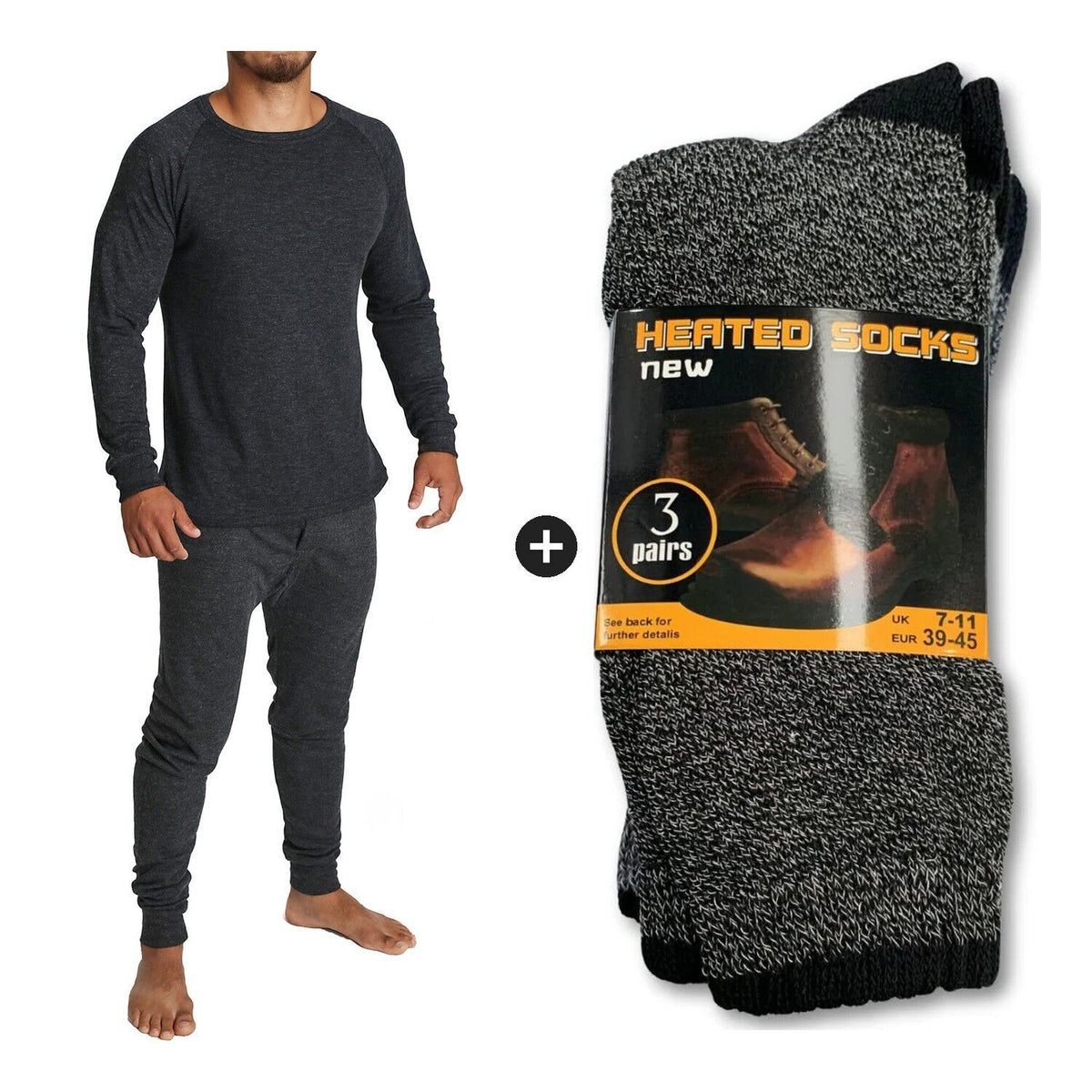 Mens Winter Warmth Set - Merino Wool Blend Thermal Top & Long Johns + 3 Pairs Thermal Heated Socks Bundle