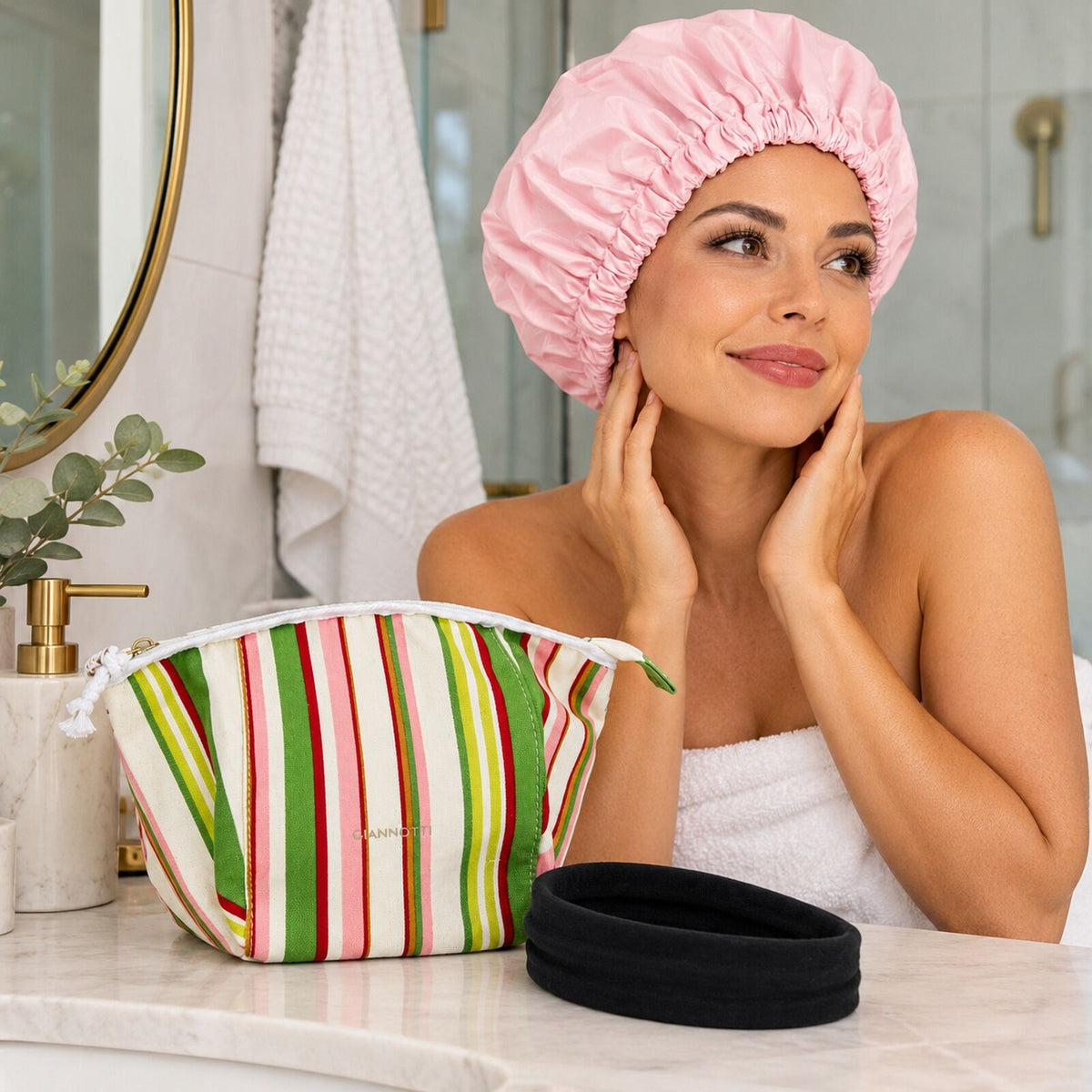 Womens Pamper Pack Gift Set - Giannotti Bronte Watermelon Toiletry Bag, Shower Cap & Spa Headband