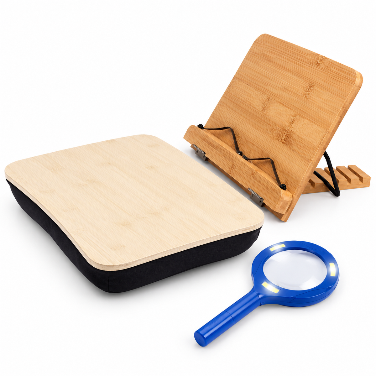 Reading in Bed Gift Set - Adjustable Bamboo Book Stand, Lap Tray & LED Magnifying Glass