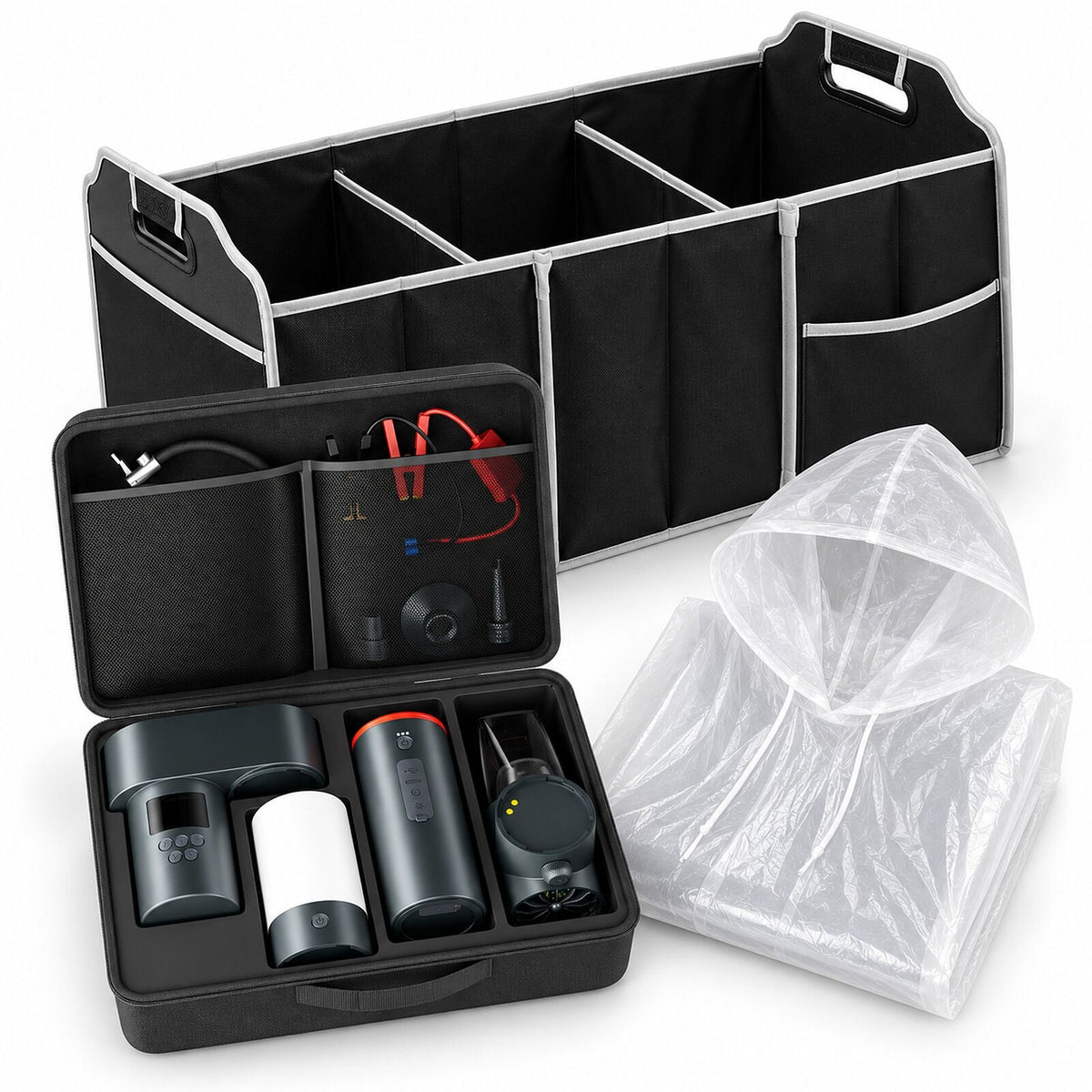 Car Boot Roadside Set - Jump Starter & Tyre Inflator + Boot Organiser + Rain Poncho