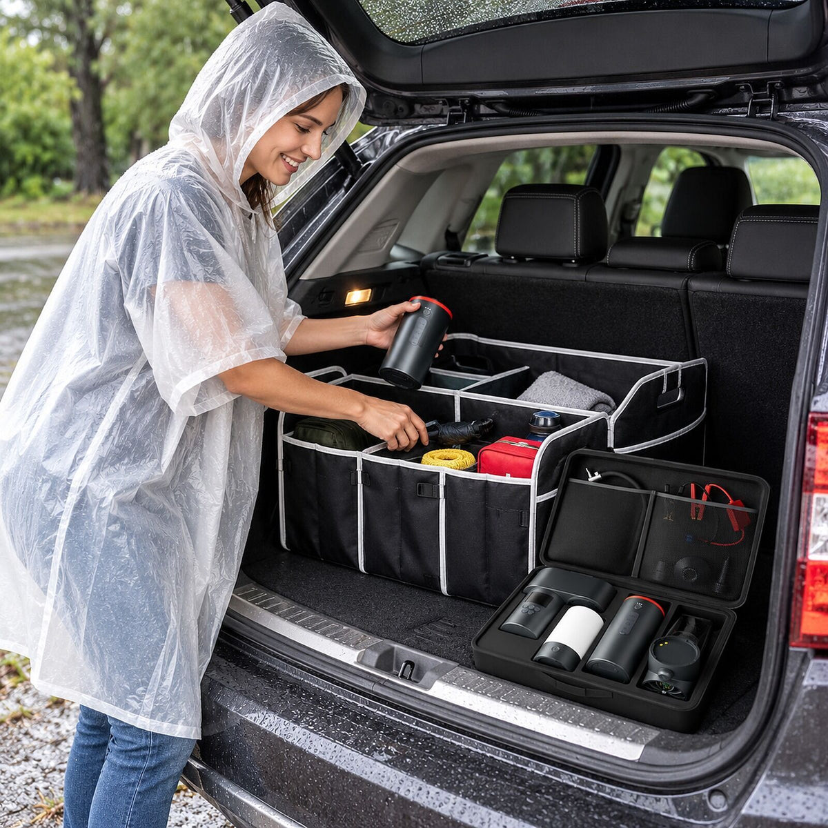 Car Boot Roadside Set - Jump Starter & Tyre Inflator + Boot Organiser + Rain Poncho