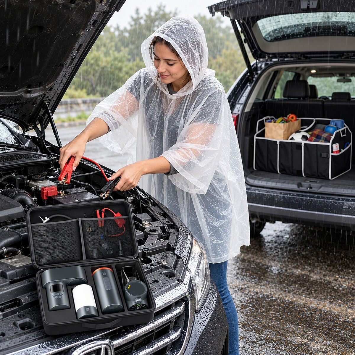 Car Boot Roadside Set - Jump Starter & Tyre Inflator + Boot Organiser + Rain Poncho