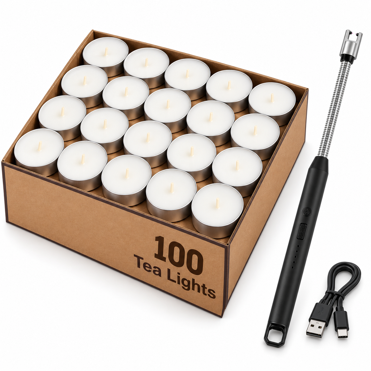 Tealight Candle Starter Pack - 100x 9 Hour Tealight Candles + Rechargeable Electric Pulse Lighter Set