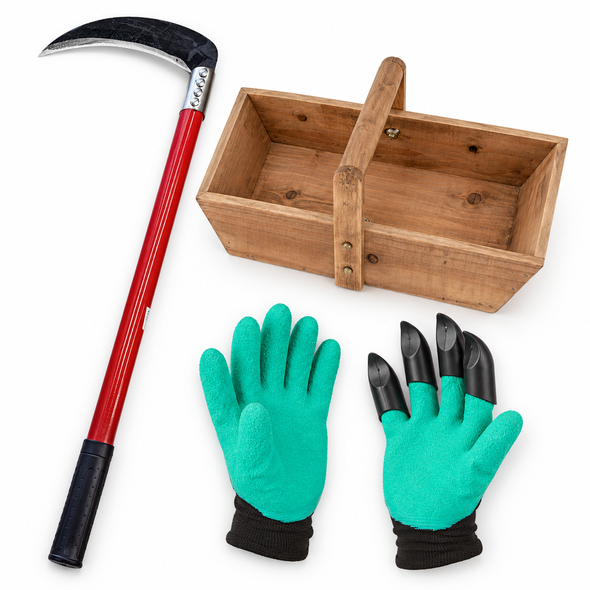 Garden Weeding Pack - Claw Gardening Gloves, Long Handle Sickle & Timber Trug Basket Set